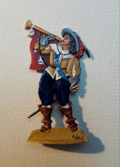 Trompeter eines Quartier-Fähnleins Stralsunds 1628 beim Hohnblasen auf Wallenstein, 54 mm Zinnfigur.